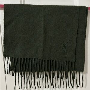 Yves Saint Laurent Dark Green Fringe Wool Scarf